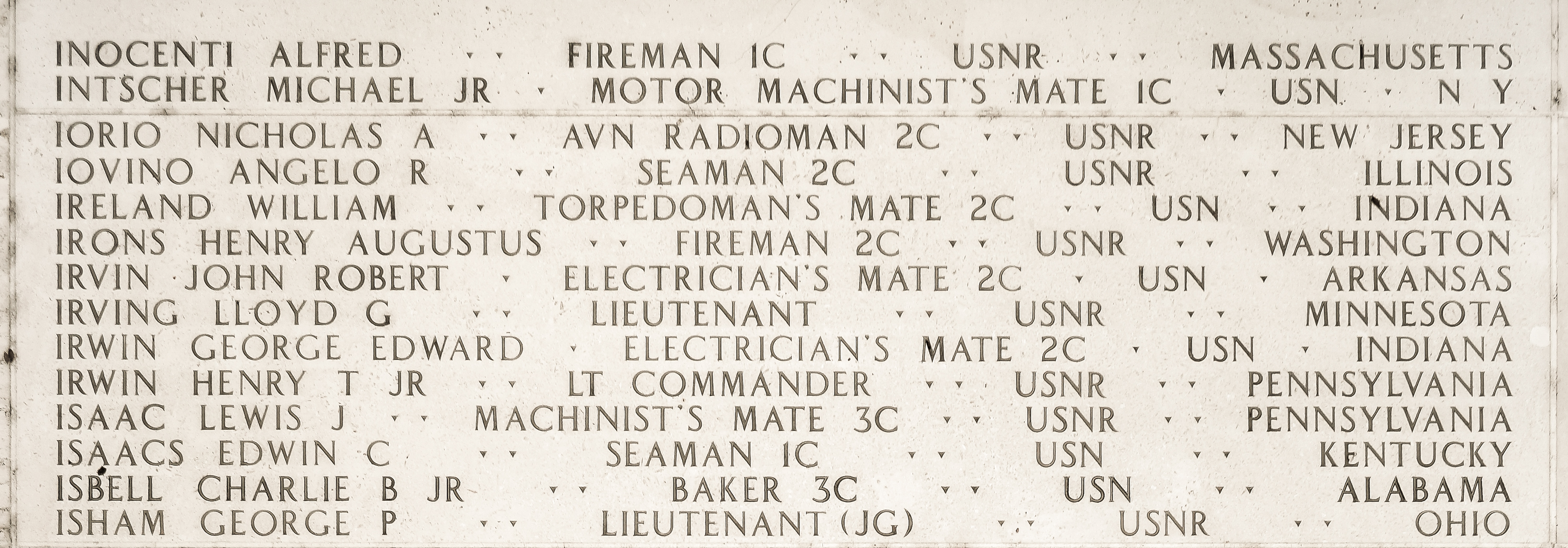 John Robert Irvin, Electrician's Mate Second Class